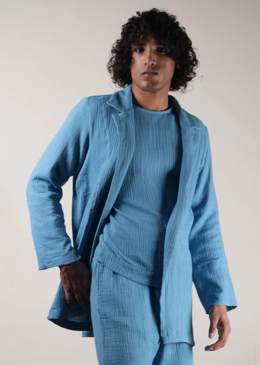 Men'S Crush Cotton Blue Shawl Jacket