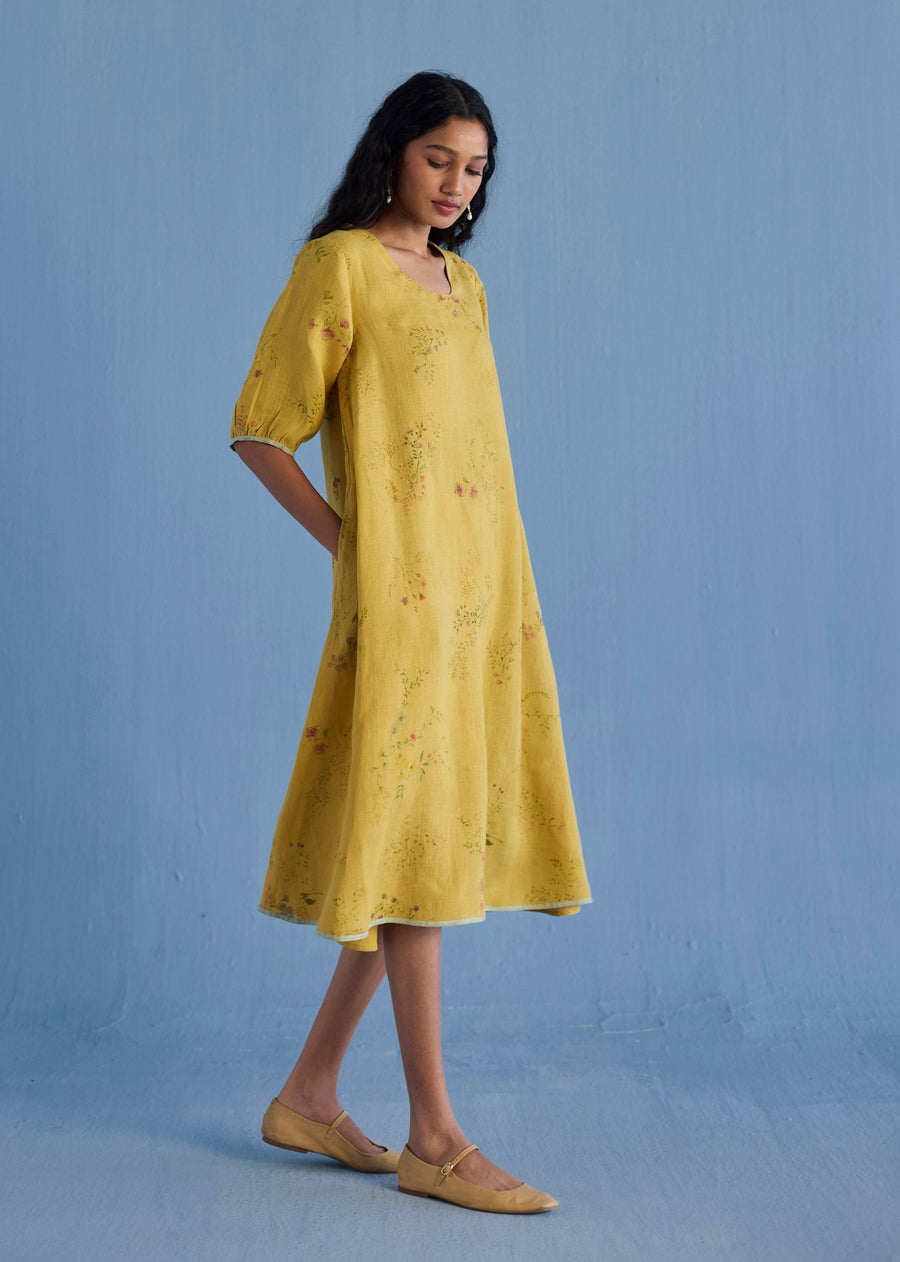 Nami Floral Printed Linen Dress - Ochre