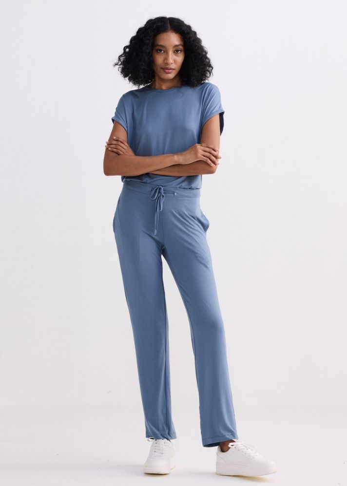 A Model Wearing Blue Modal Wide Leg Pant In Blue, curated by Only Ethikal