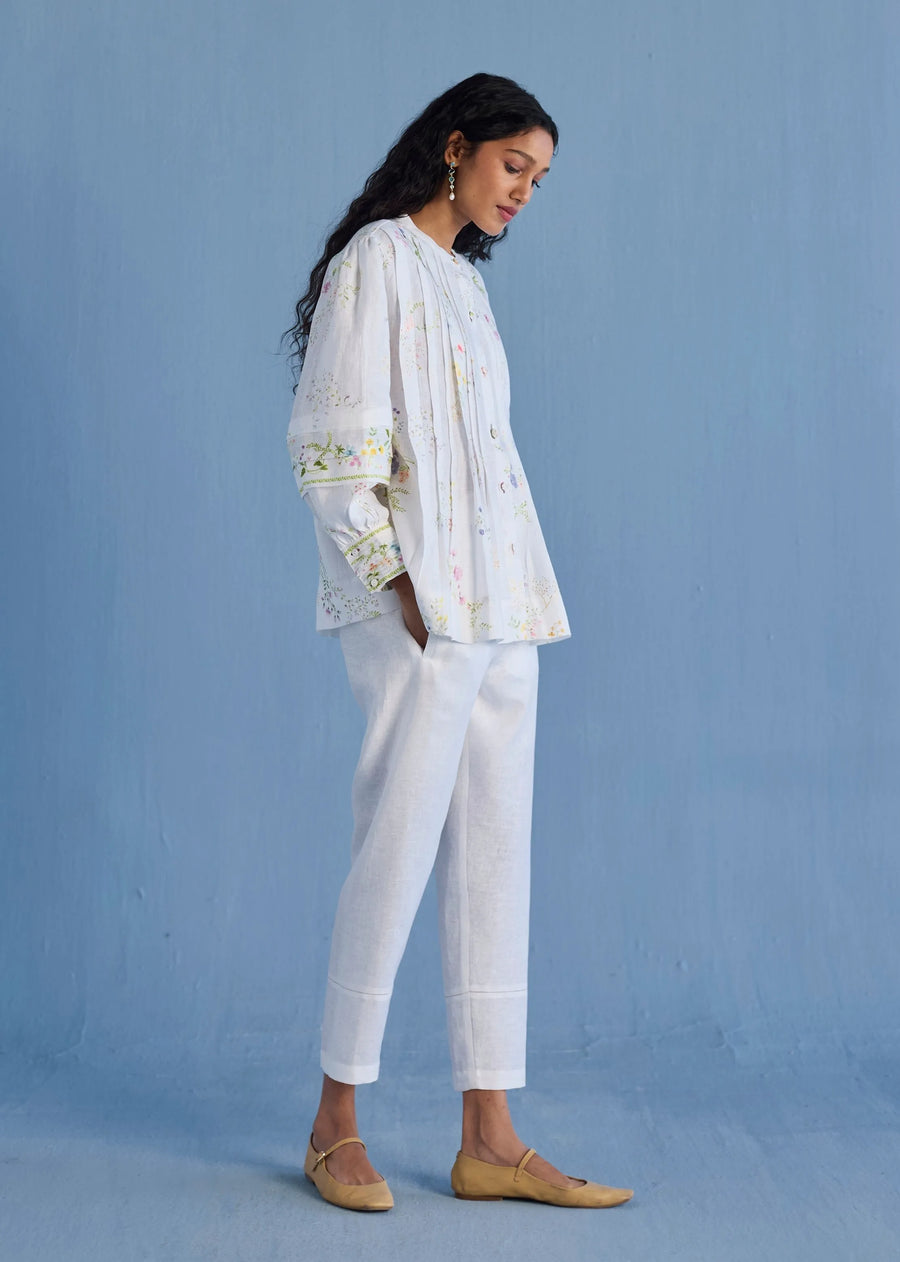 Akavi Pleated Floral Linen Co-Ord Set-White
