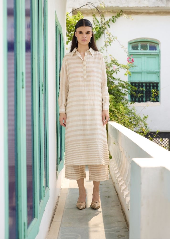 A Model Wearing White Chanderi Cotton White Rangrez Co-Ord Set, curated by Only Ethikal