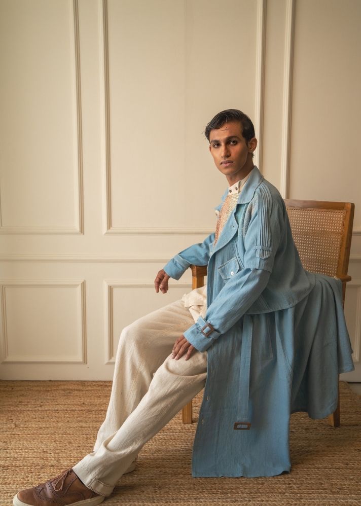 A Model Wearing Blue Pure Cotton Materiality Unisex Deconstructed Trench, curated by Only Ethikal