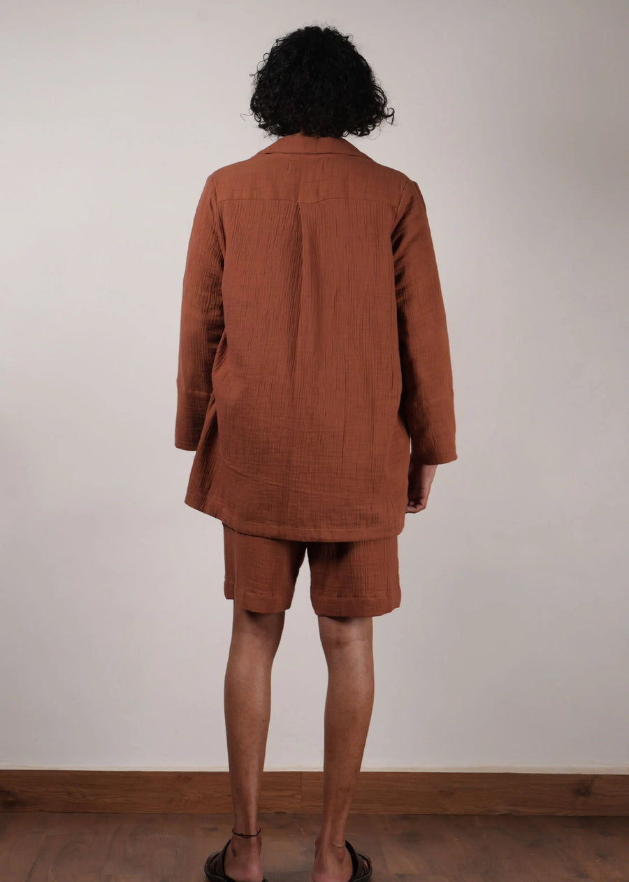 Men'S Crush Cotton Brown Shawl Jacket