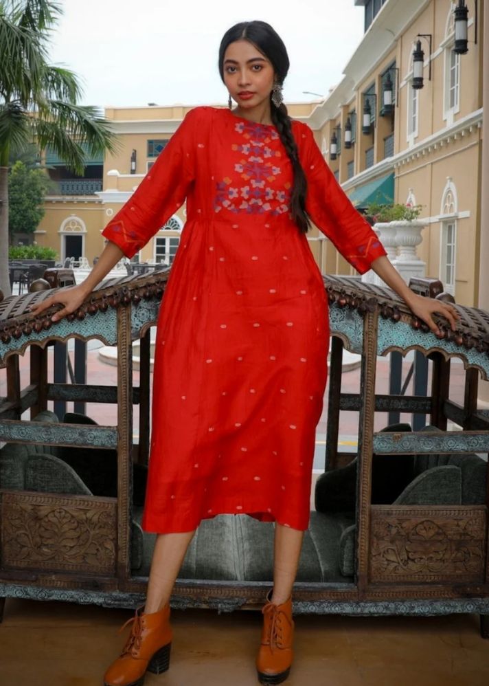 A Model Wearing Multicolor Jamdani Cotton Reena Dress, curated by Only Ethikal