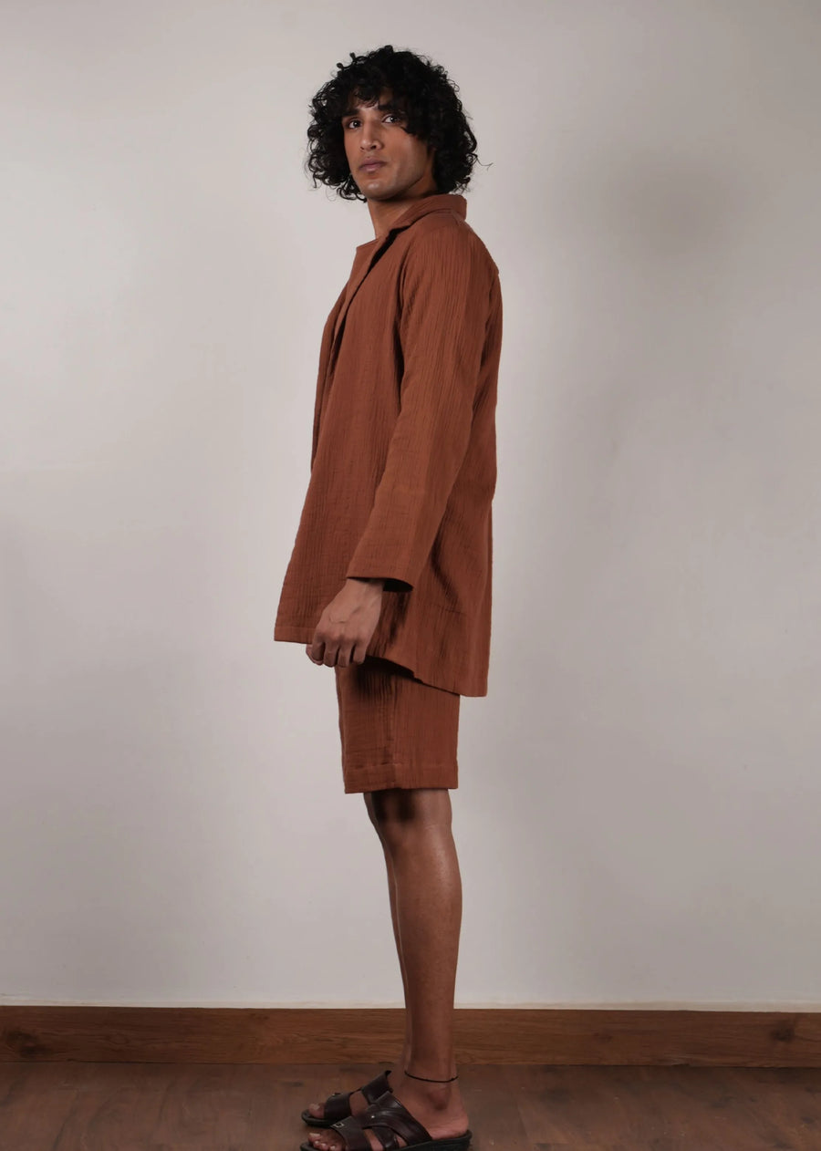Men'S Crush Cotton Brown Shawl Jacket