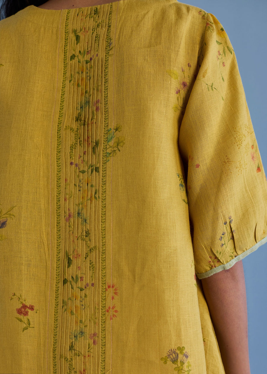 Nami Floral Printed Linen Dress - Ochre