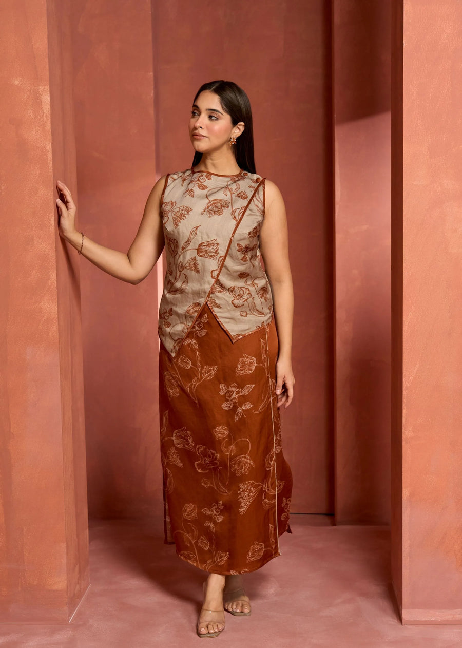 A Model Wearing Orange Linen Bemberg Bay Skirt, curated by Only Ethikal