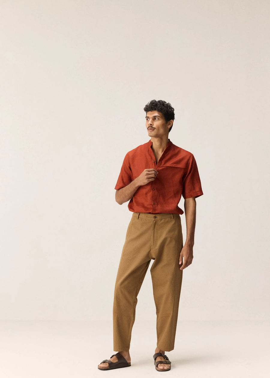 A Model Wearing Brown Cotton Twill Cocoa Trace Trousers, curated by Only Ethikal