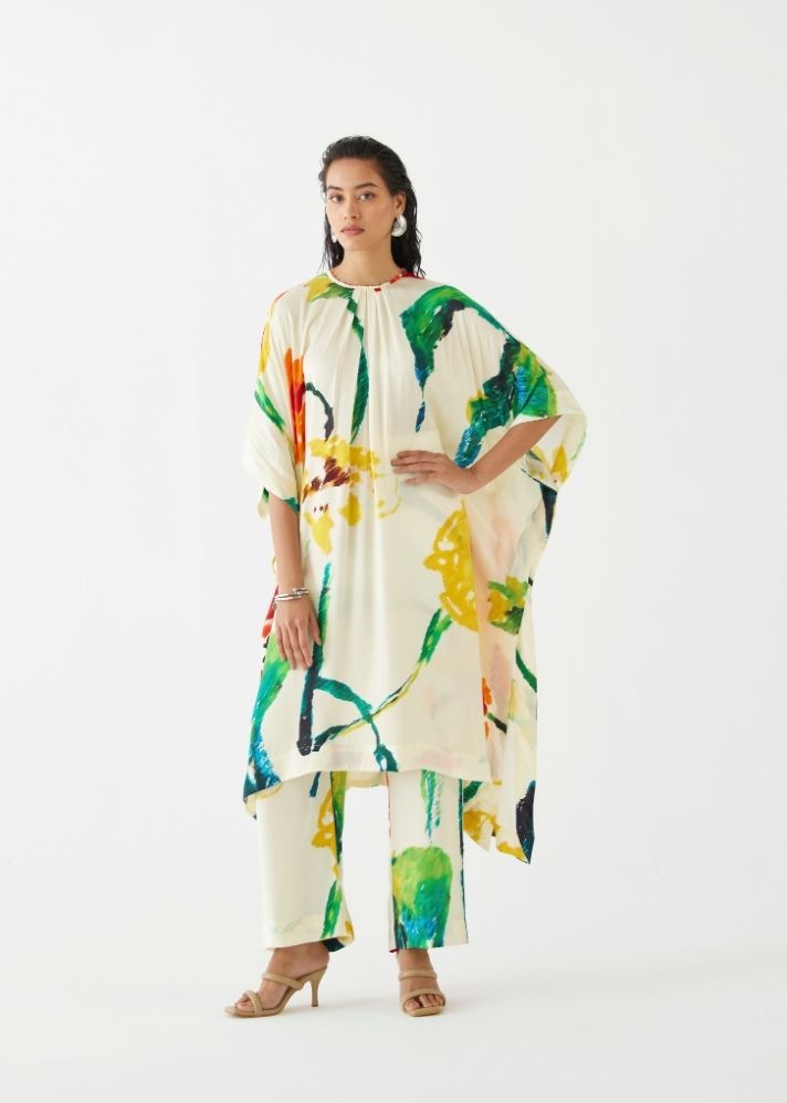 A Model Wearing Multicolor Organic Cupro Monet Kimono Kurta & Pants, curated by Only Ethikal