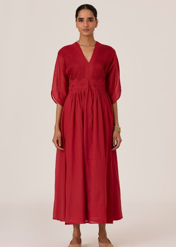 A Model Wearing Red Organic Cotton Kamil Scarlet Embroidered Maxi Dress , curated by Only Ethikal