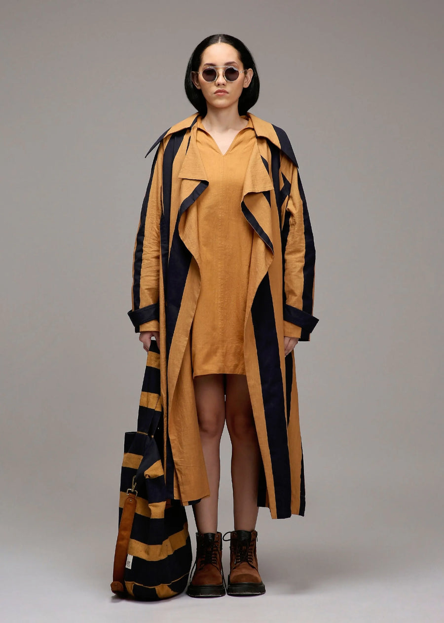 A Model Wearing Multicolor Cotton Tan-Brown Jacket & A-Line Shift Dress Set (2 PCS), curated by Only Ethikal