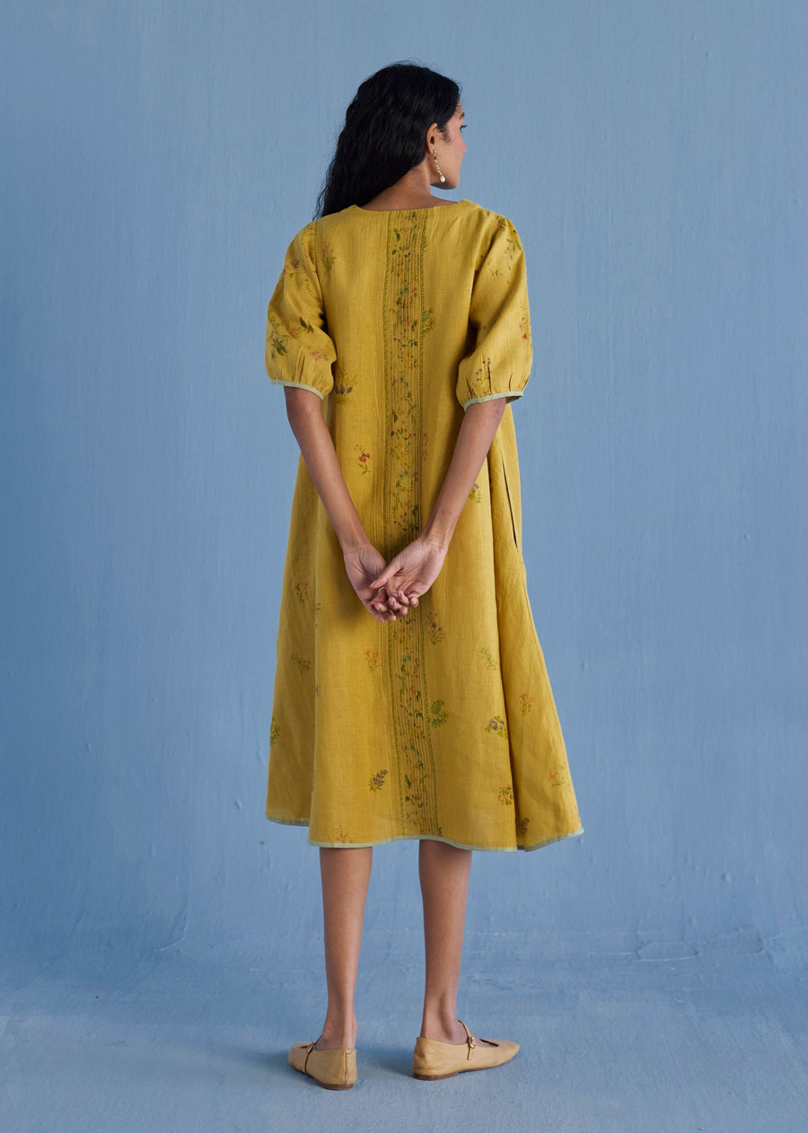 Nami Floral Printed Linen Dress - Ochre