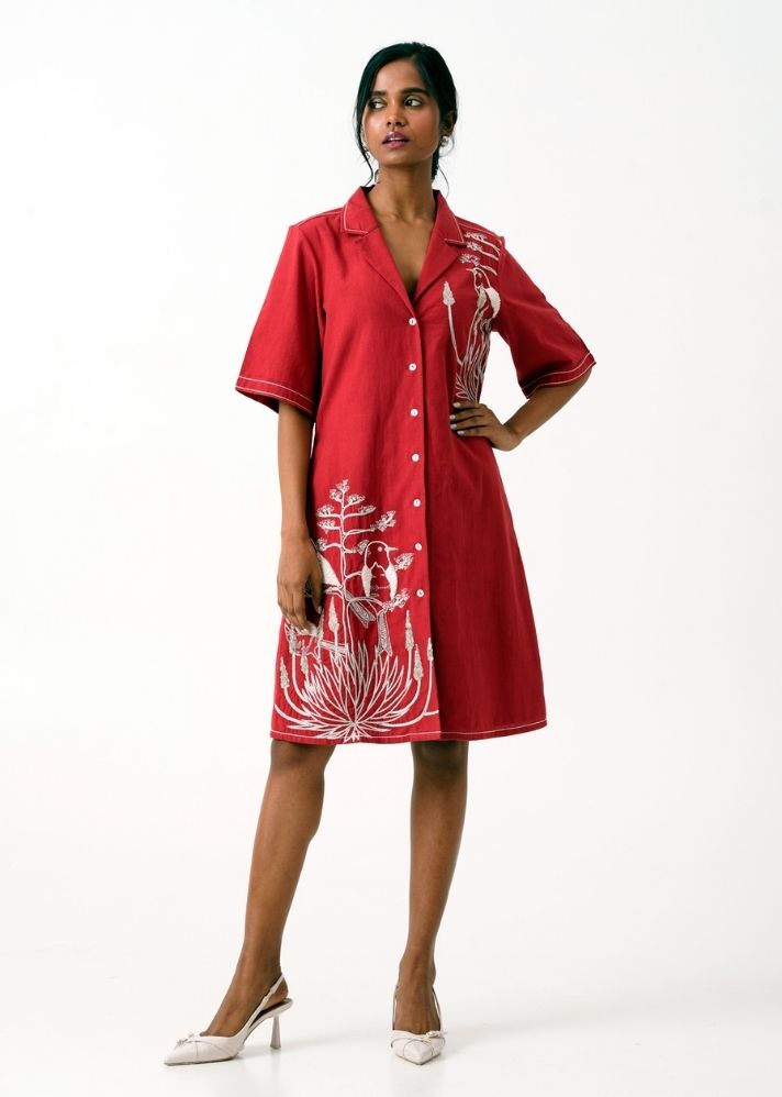 A Model Wearing Multicolor Handloom Cotton Taiwo Short Dress Red, curated by Only Ethikal