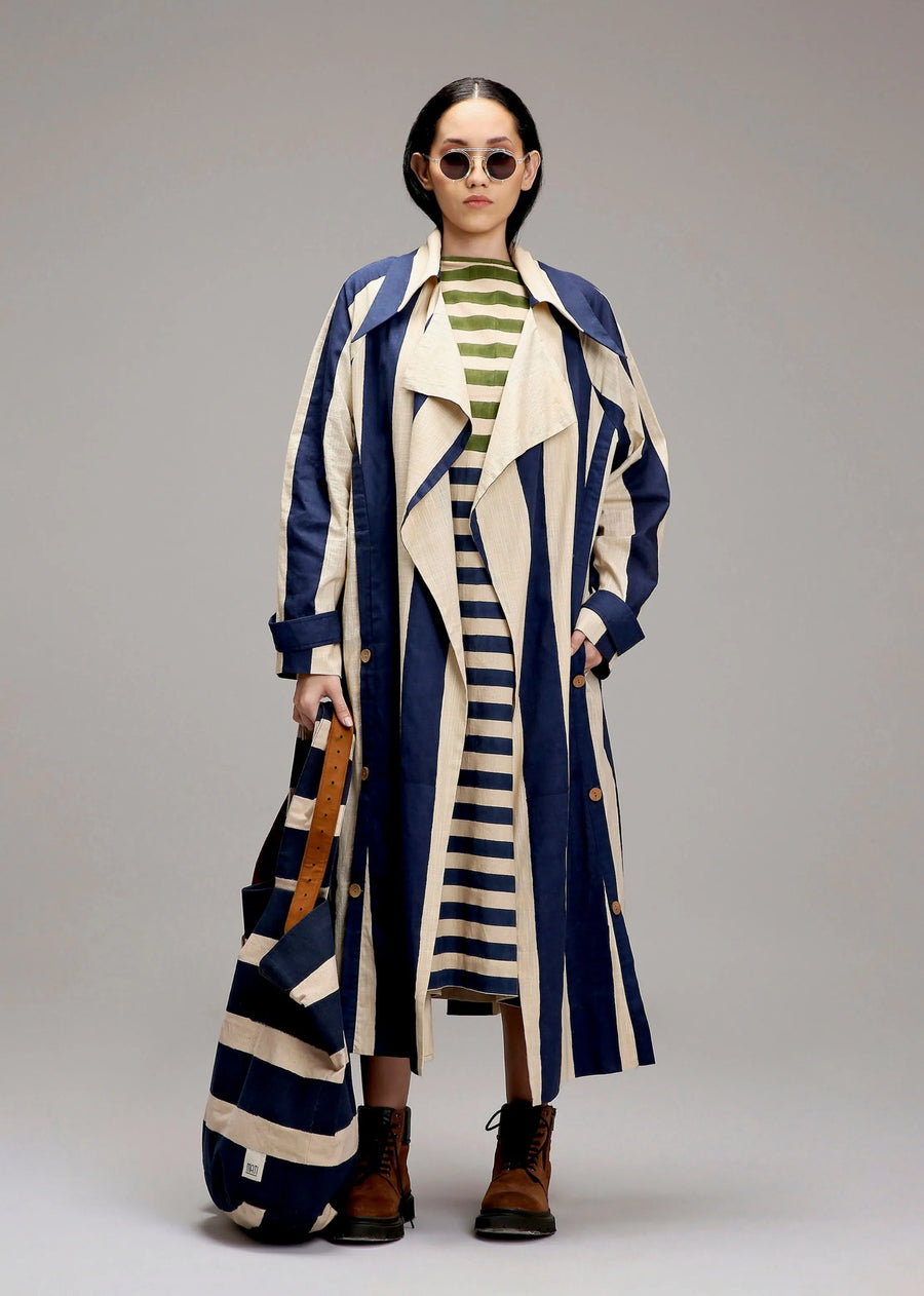 A Model Wearing Multicolor Cotton Egg-Shell Blue & Green Dual Stripe Dress Jacket Set (2 PCS), curated by Only Ethikal