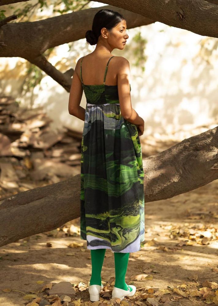 A Model Wearing Multicolor Upcycled Cotton Ella Green Dress, curated by Only Ethikal