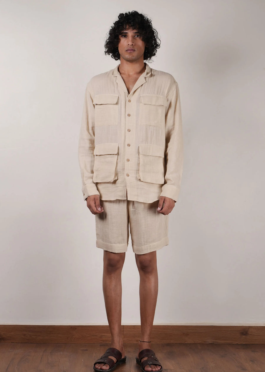 Men'S Pocket Crush Cotton Cream Shirt