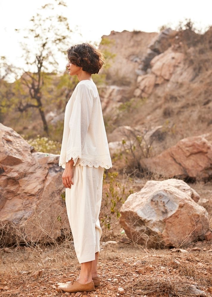 A Model Wearing White Cotton Mul Shuchi co ord set, curated by Only Ethikal