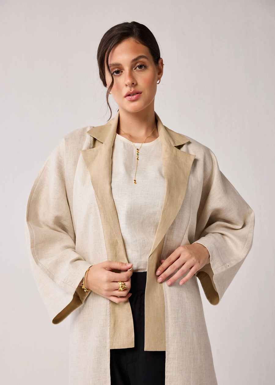 Oversized Long Hemp Jacket With Side Slits In Beige