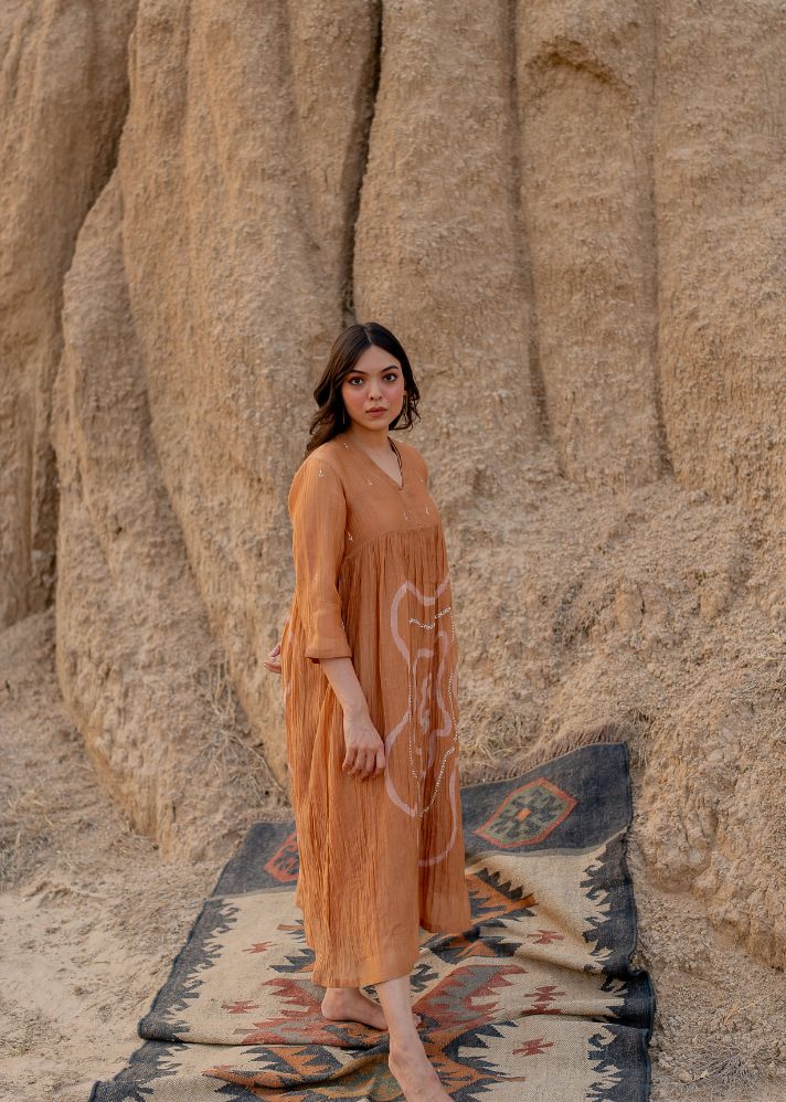 A Model Wearing Peach Chanderi Cotton Rust Arazi Dress, curated by Only Ethikal