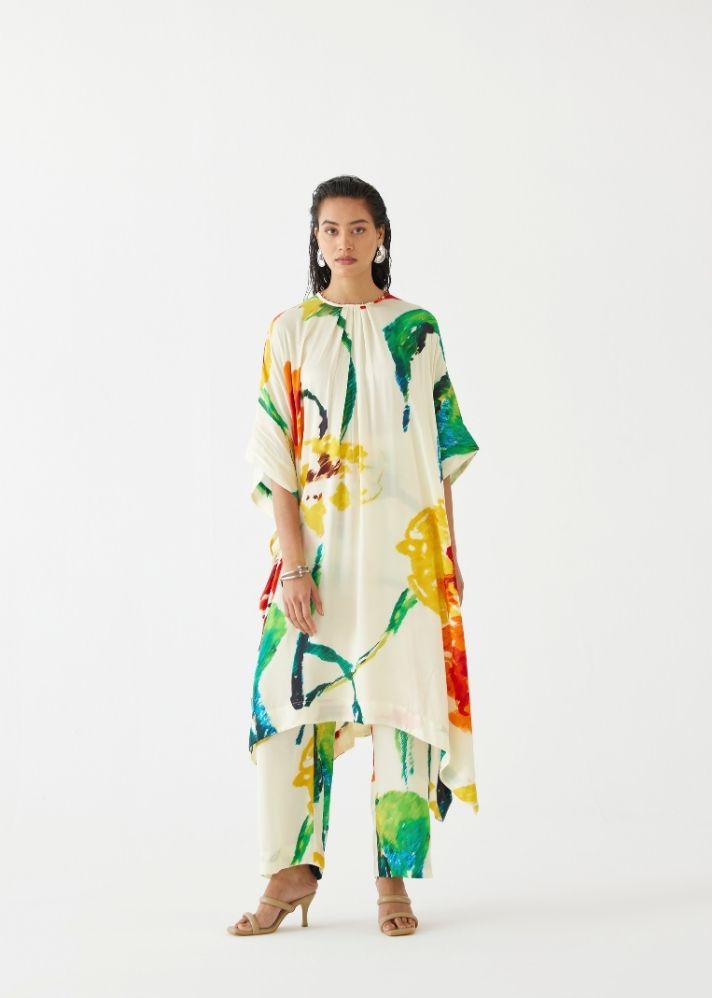 A Model Wearing Multicolor Organic Cupro Monet Kimono Kurta & Pants, curated by Only Ethikal