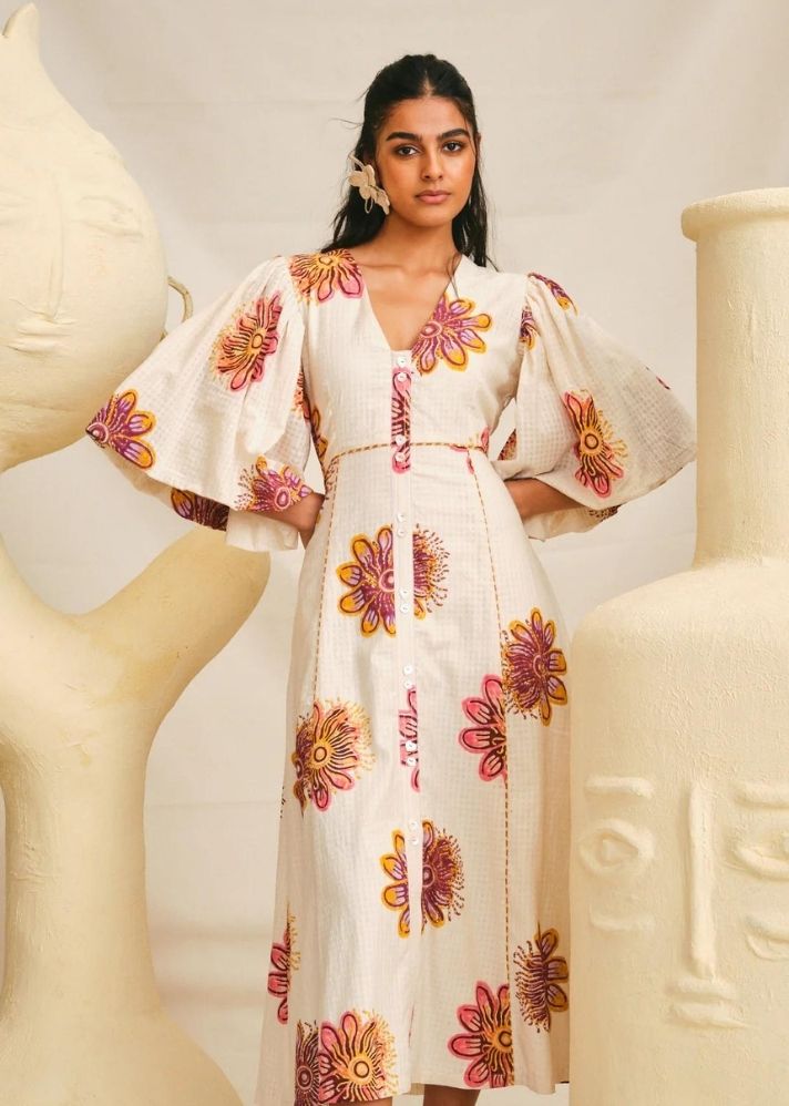 A Model Wearing Multicolor Handloom Cotton Kolam Handloom Day Dress, curated by Only Ethikal