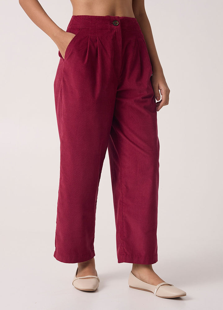 A Model Wearing Red Organic Cotton Margit Cherry Corduroy Pants , curated by Only Ethikal