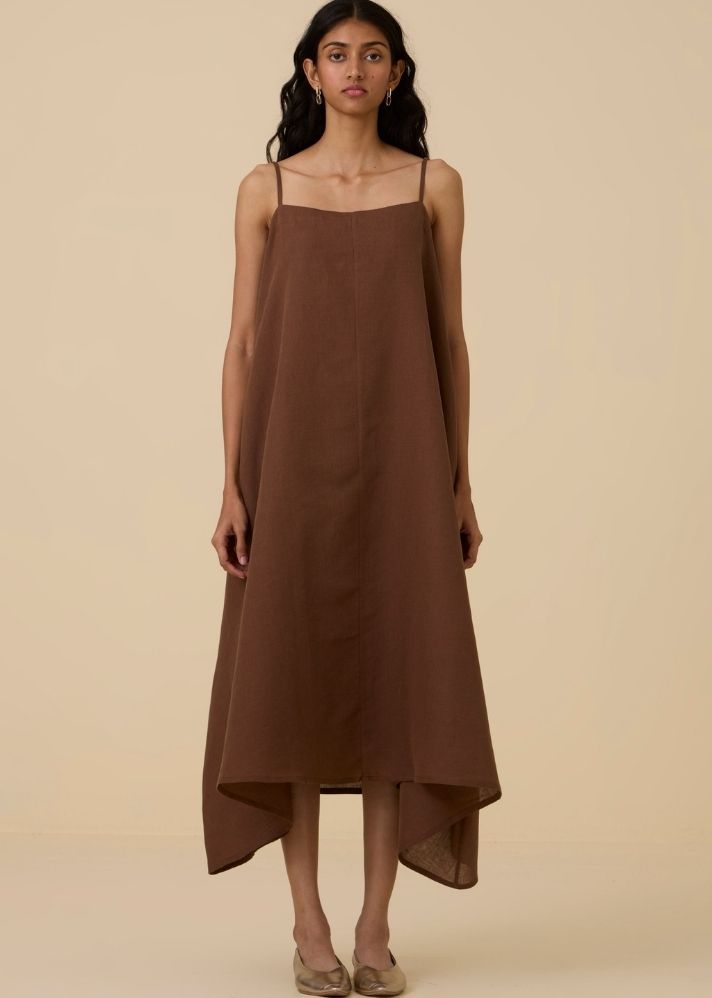 A Model Wearing Brown Linen Talib Brown Slip Dress , curated by Only Ethikal