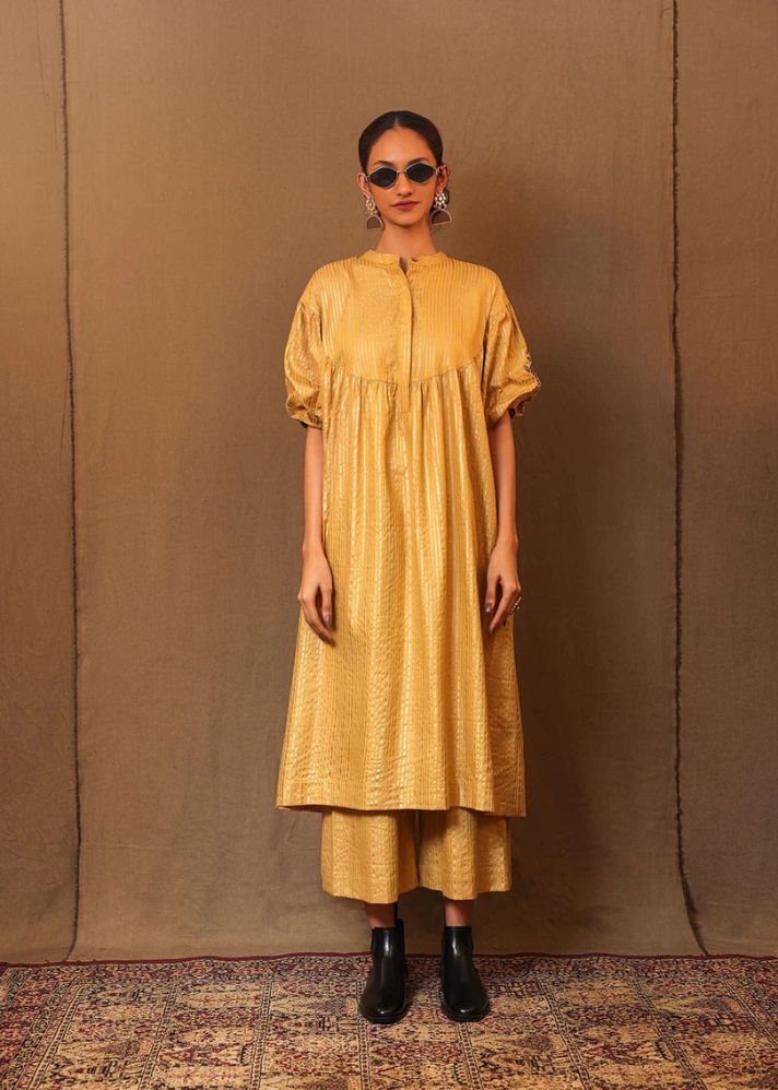 A Model Wearing Yellow Pure Cotton Mustard Str Emb Spade Acra Tunic Set (2 Pcs), curated by Only Ethikal