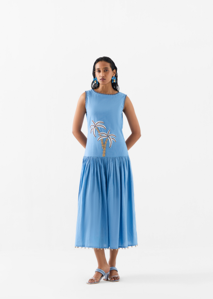 A Model Wearing Multicolor Cotton  Palm Island Long Dress , curated by Only Ethikal