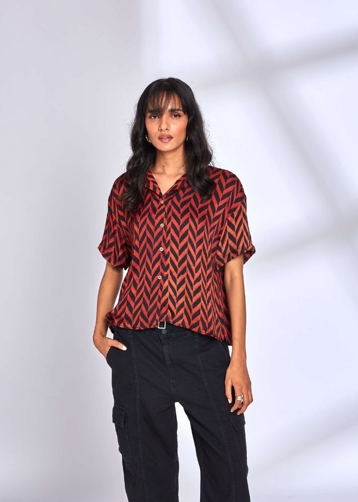 A Model Wearing Multicolor Modal Silk Aaroo Red Shirt, curated by Only Ethikal