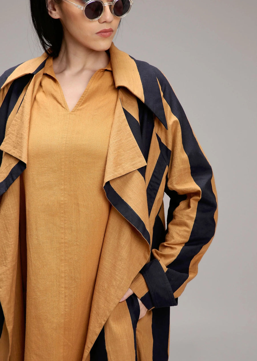 Tan-Brown Jacket & A-Line Shift Dress Set (2 Pcs)