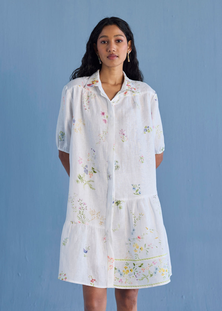 Sia Hand-Embroidered Floral Dress - White