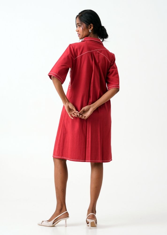 A Model Wearing Multicolor Handloom Cotton Taiwo Short Dress Red, curated by Only Ethikal