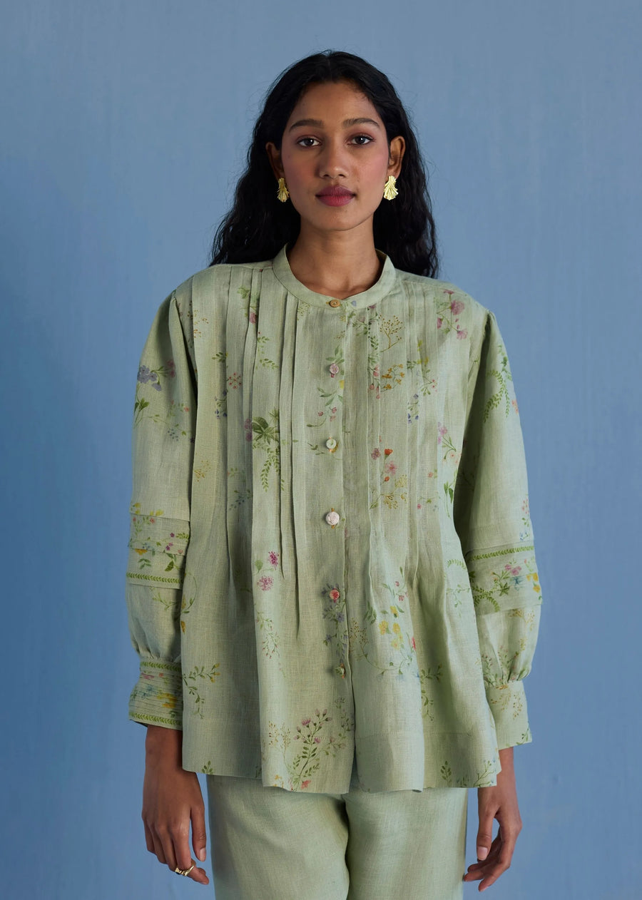 Akavi Pleated Floral Linen Co-Ord Set-Mint