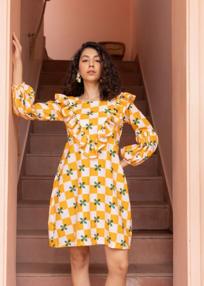 A Model Wearing Multicolor Organic Cotton Whimsical Dress- Mustard Checks, curated by Only Ethikal
