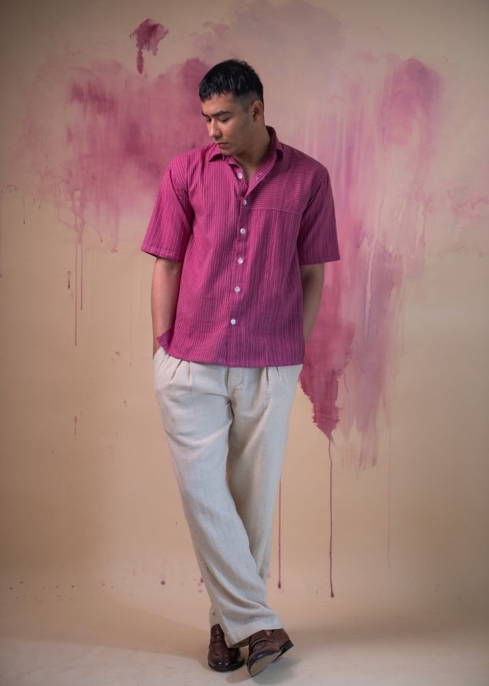 A Model Wearing Purple Pure Cotton Phosphene Stitch Lines Shirt, curated by Only Ethikal