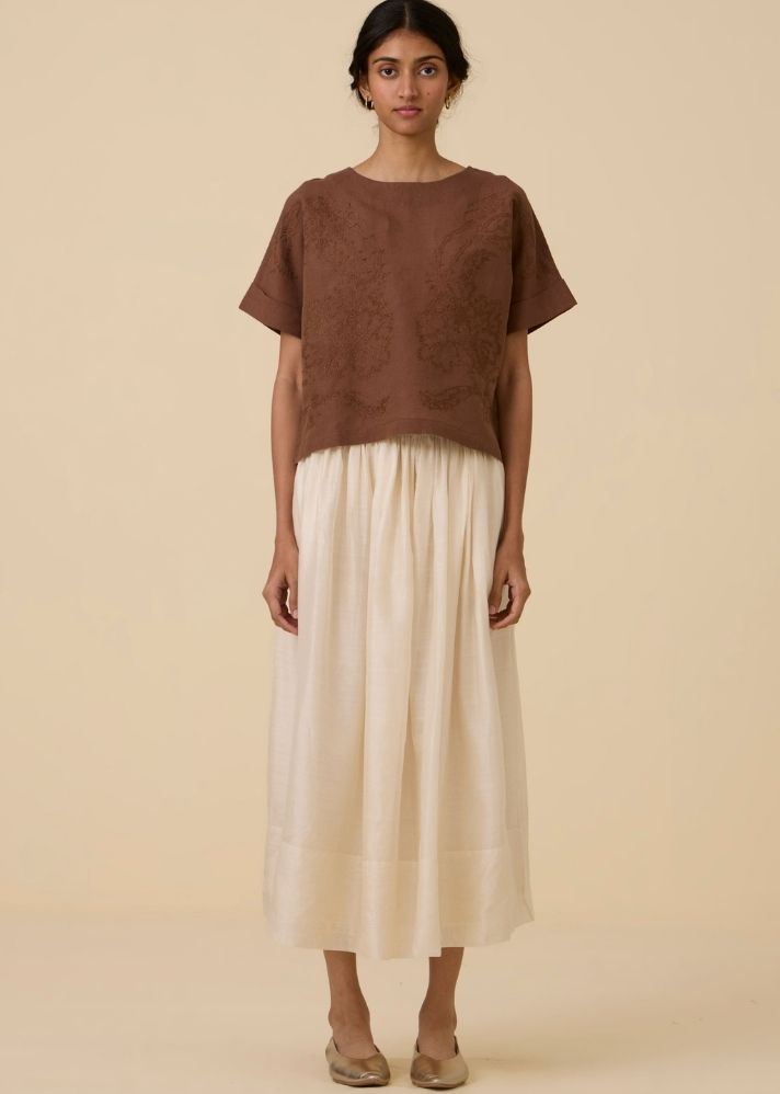 A Model Wearing Brown Linen Affan Brown Embroidered Top , curated by Only Ethikal