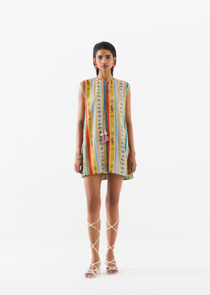 A Model Wearing Multicolor Linen Sea Shell  Mini Dress, curated by Only Ethikal