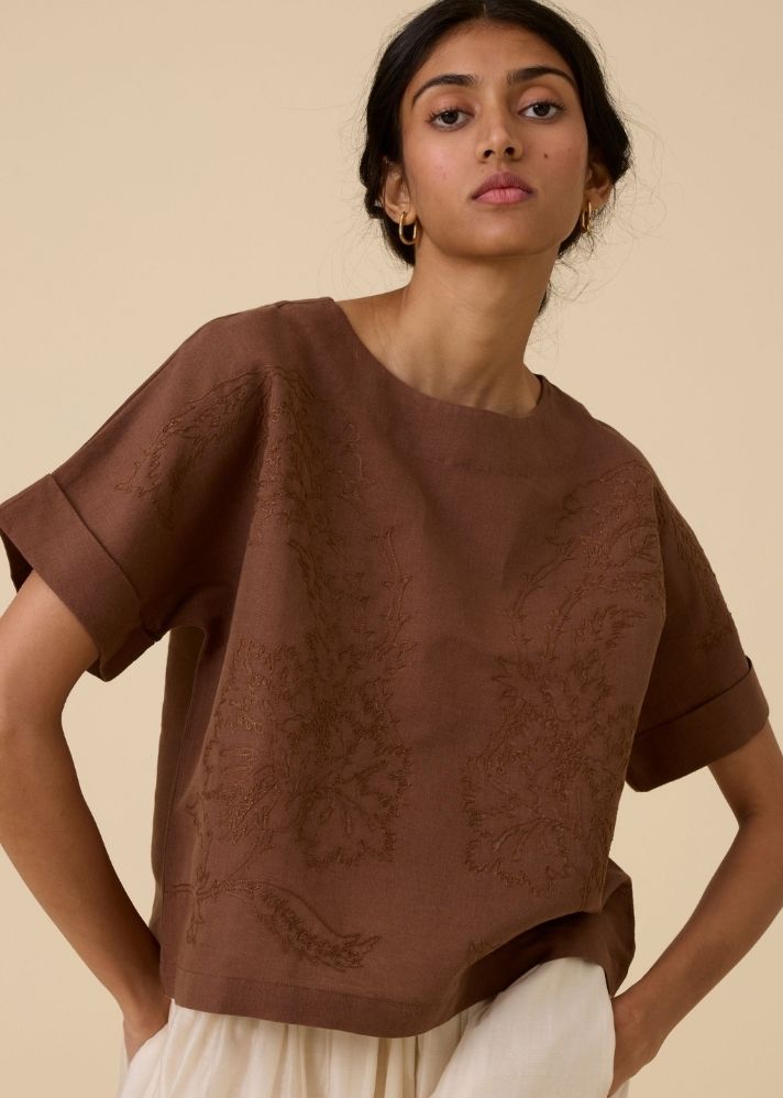 Affan Brown Embroidered Top