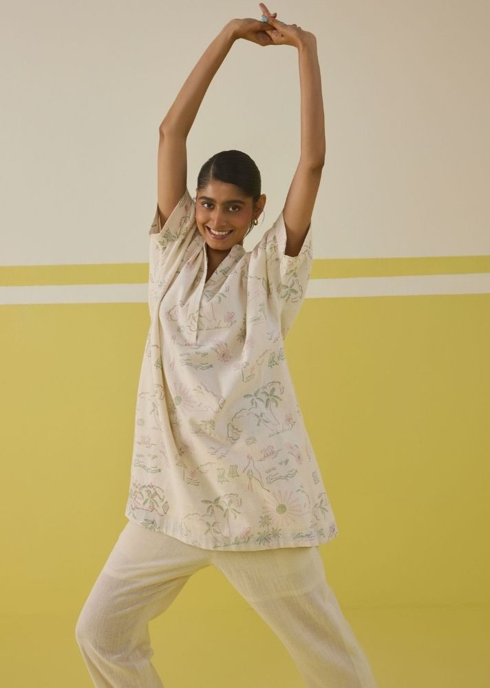 A Model Wearing Multicolor  Handwoven Organic Cotton Summer Joy   Organic Cotton Kurta Top, curated by Only Ethikal