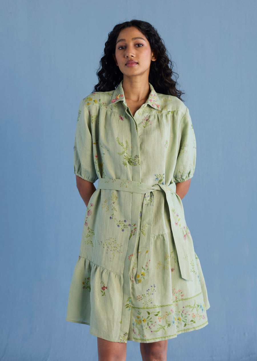 Sia Hand-Embroidered Floral Dress - Mint