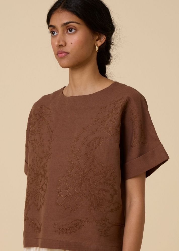 Affan Brown Embroidered Top