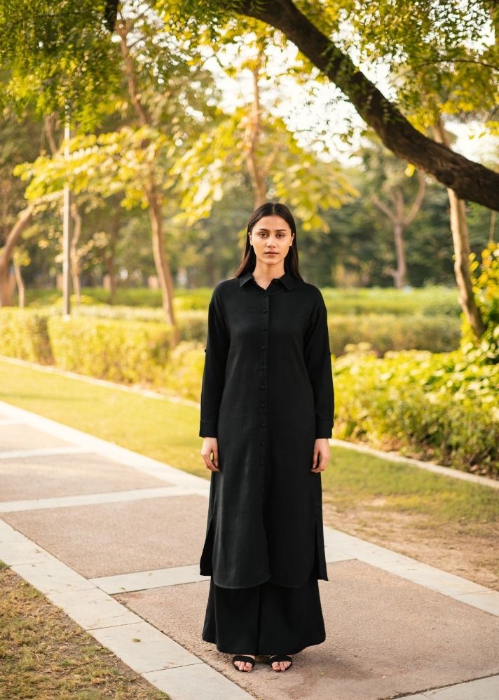 A Model Wearing Black  Wool Persian Lily, curated by Only Ethikal