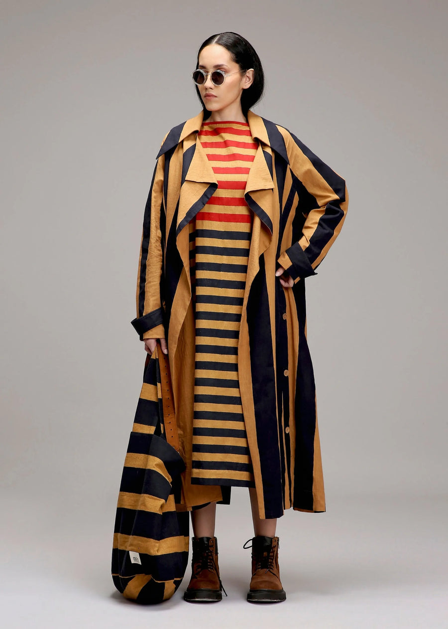 A Model Wearing Multicolor Cotton Tan-Brown Big Striped Trench Jacket, curated by Only Ethikal