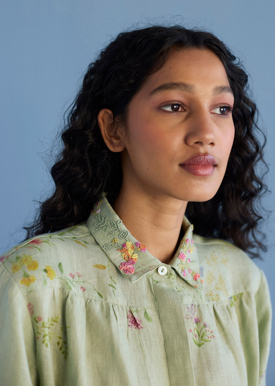 Sia Hand-Embroidered Floral Dress - Mint