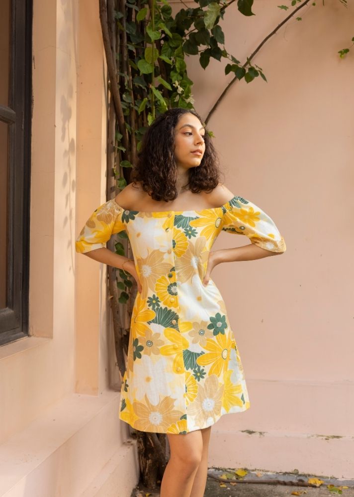 A Model Wearing Multicolor Organic Cotton Oscar Dress- Mosaic Yellow Print, curated by Only Ethikal