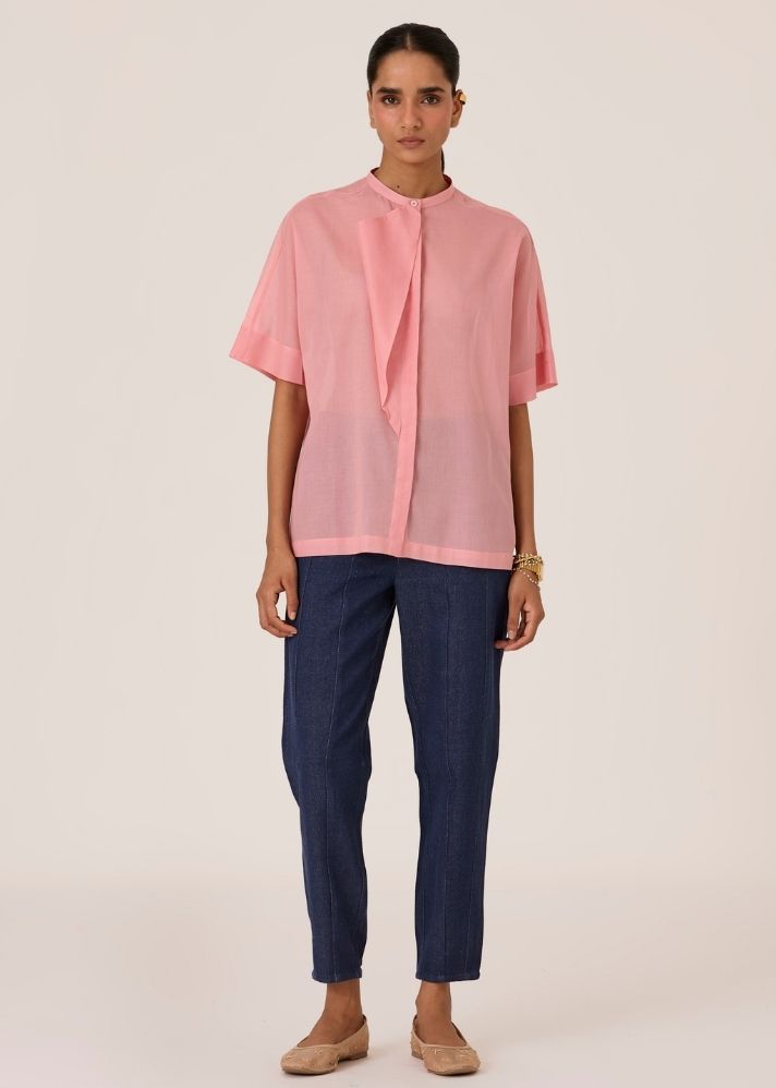 A Model Wearing Pink Organic Cotton Noah Pink Button Down Shirt , curated by Only Ethikal