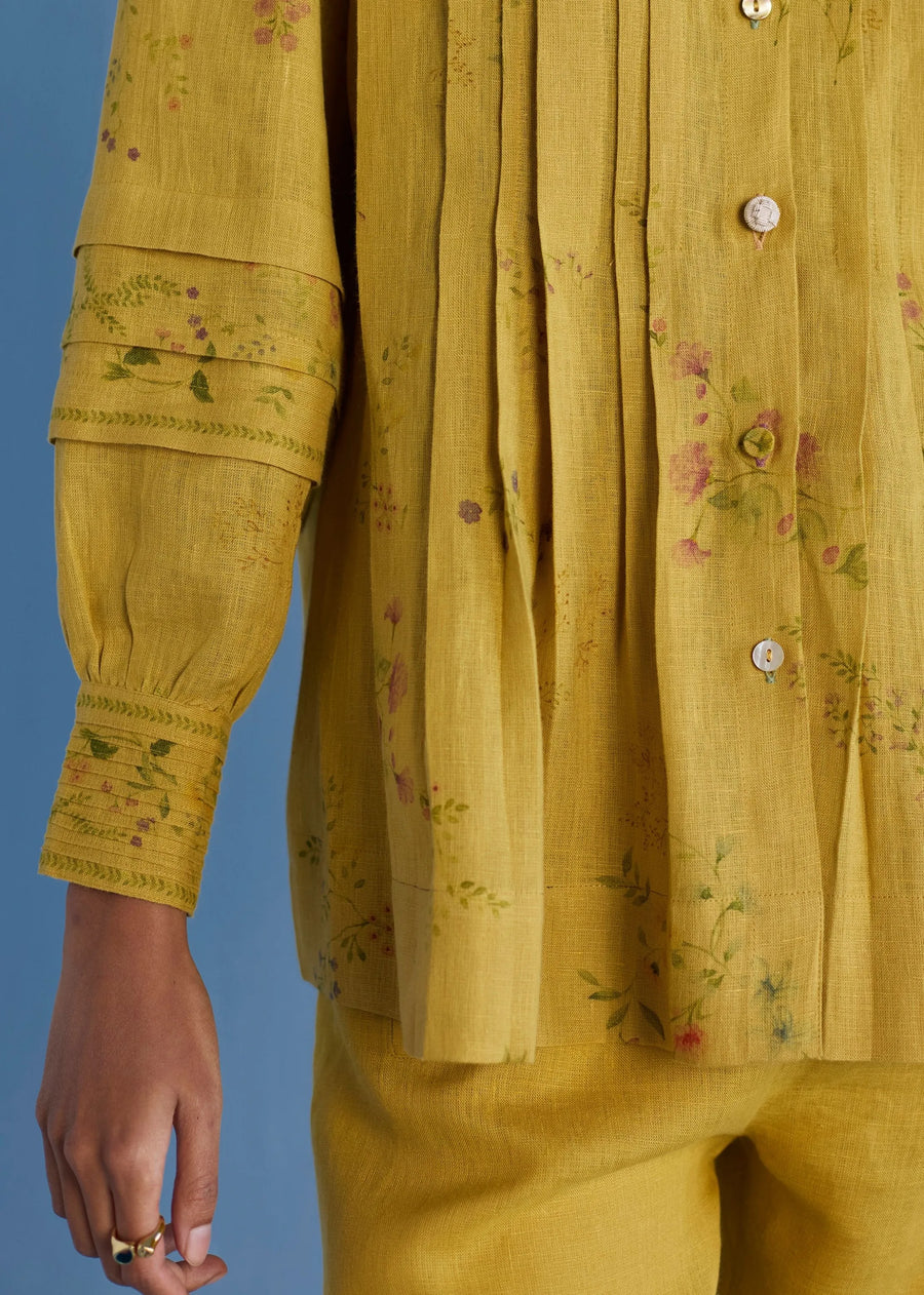 Akavi Pleated Floral Linen Co-Ord Set-Ochre