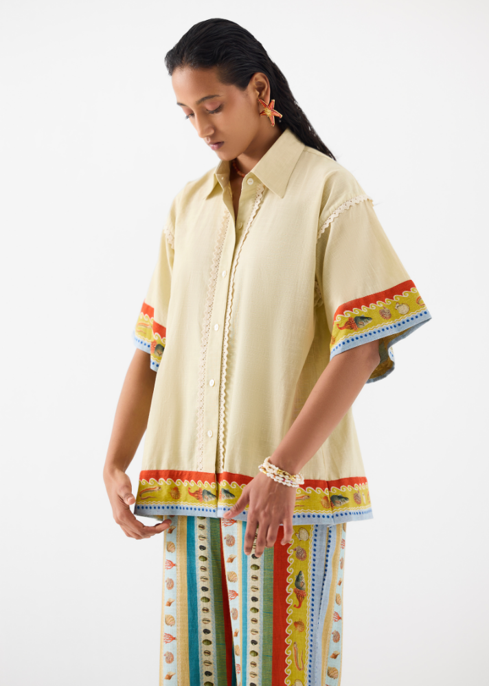 A Model Wearing Multicolor Linen Sea Shell Shirt & Trousers , curated by Only Ethikal