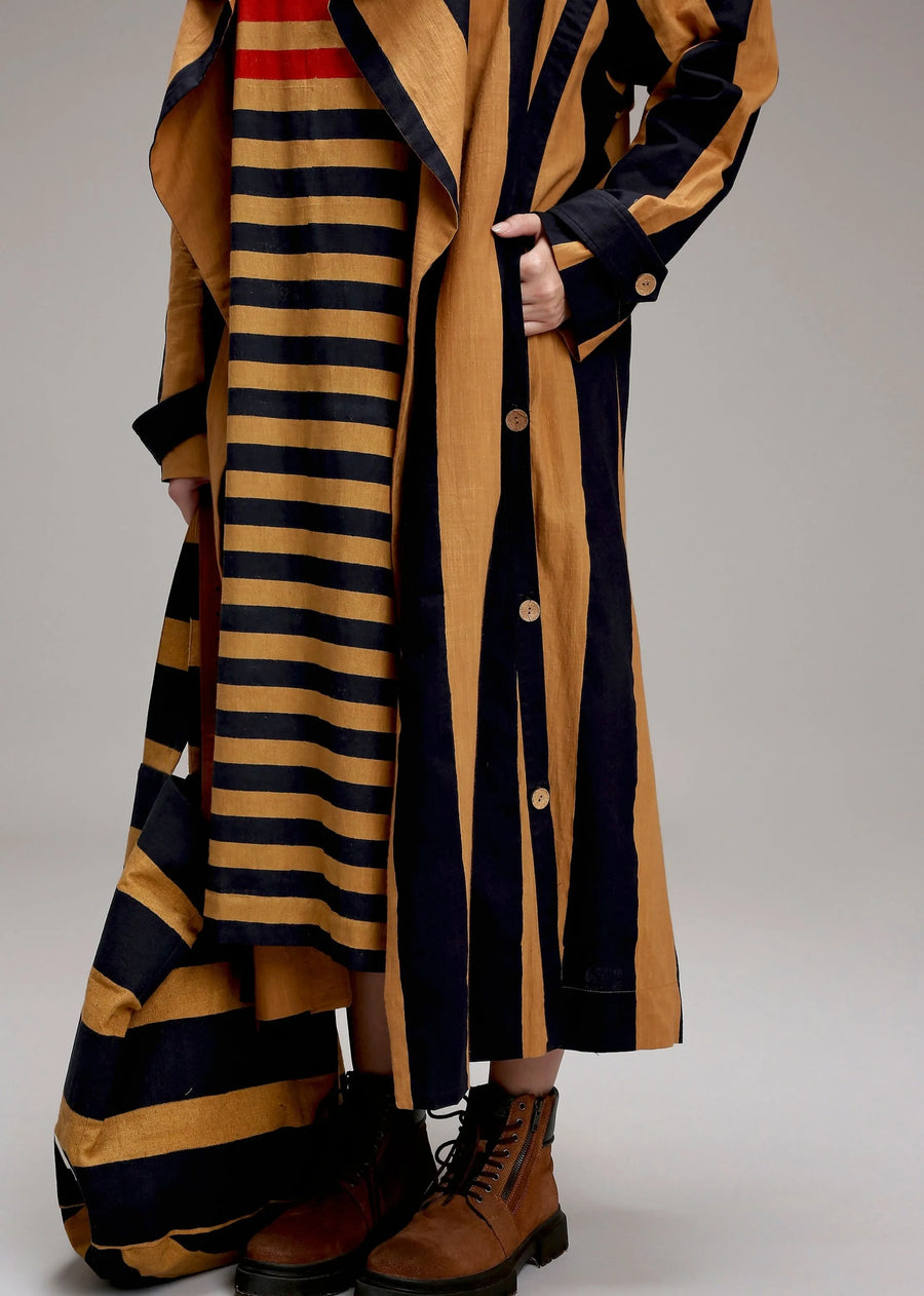 Tan-Brown Big Striped Trench Jacket
